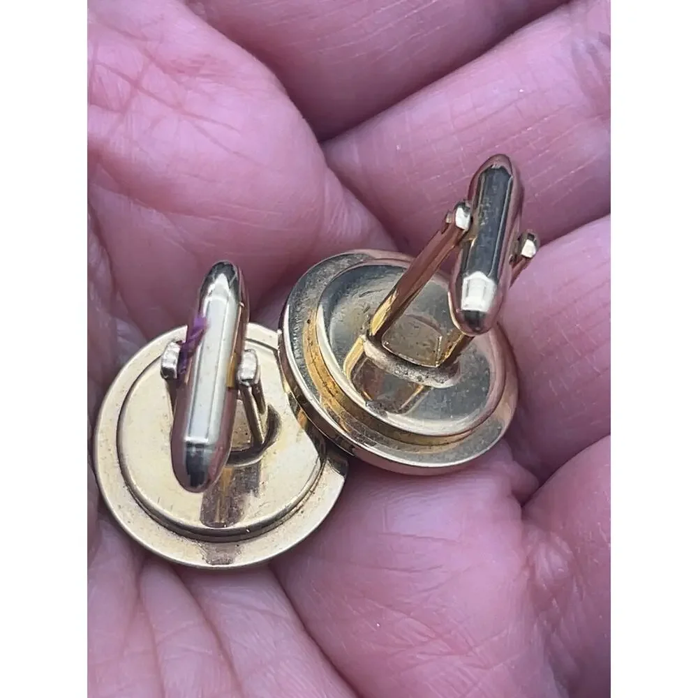 Vintage Blue Glass Gold Tone Round Cufflinks Mid-Century Men’s Jewelry